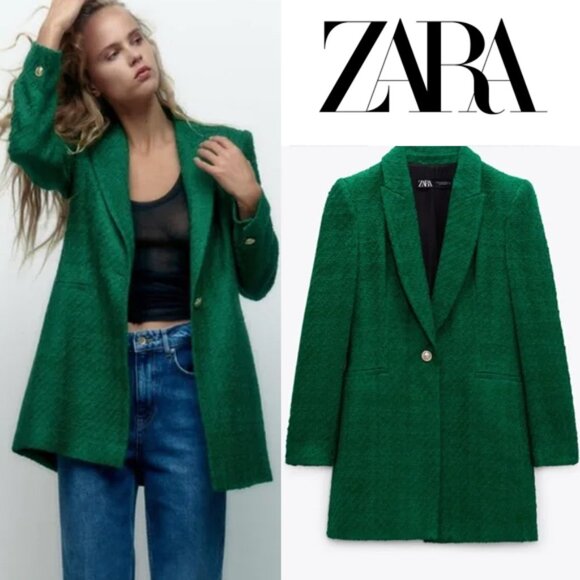 Zara Tweed Textured Long Structured Blazer in Kelly Green M Classic Preppy $149 - Picture 3 of 16